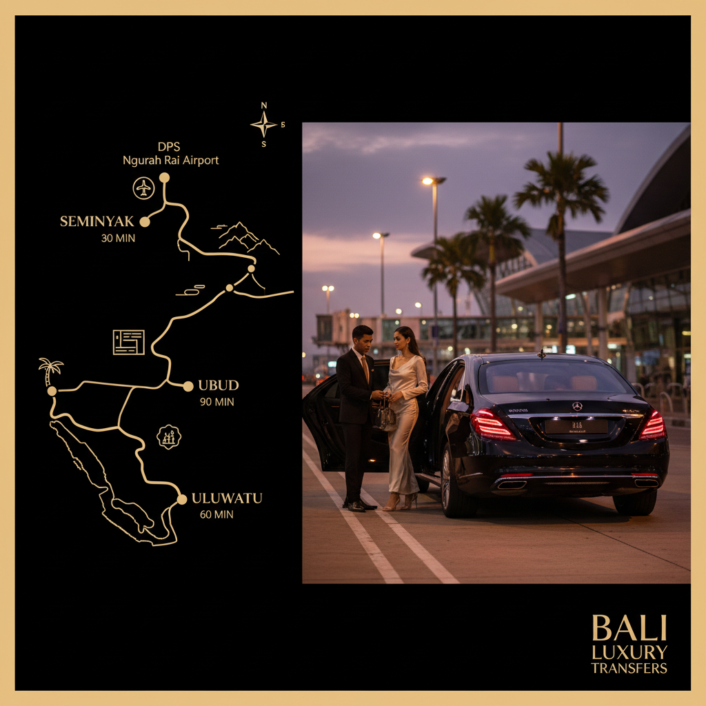 BMW 7-Series chauffeur welcoming arriving guests at Ngurah Rai DPS for Bali airport luxury transfer FAQ guide